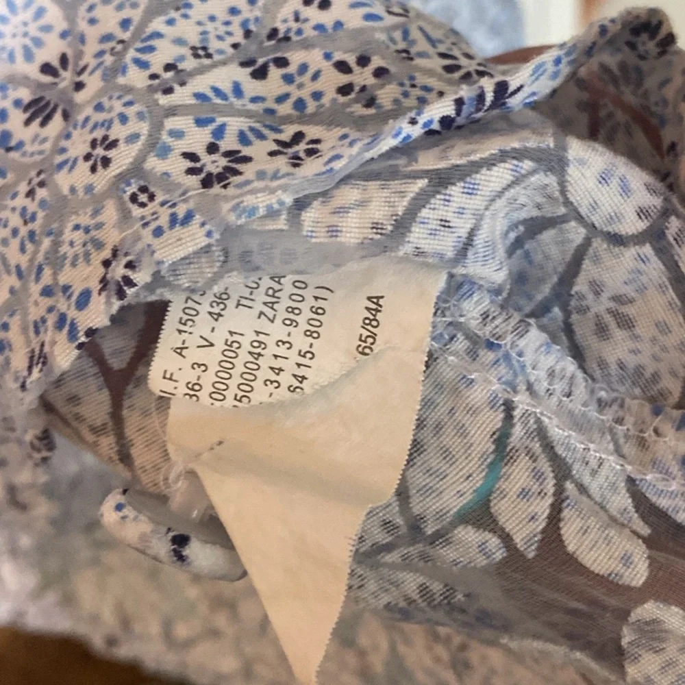 Zara Puff Sleeves Blue and White Floral Semi Sheer Cropped Top